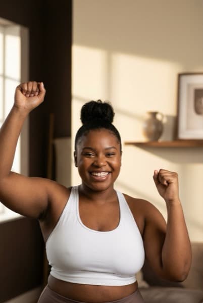 Woman celebrating health transformation